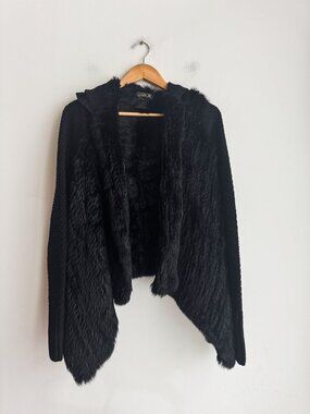 La Rok Black Rabbit Woven Open Front Sweater Cardigan w Hood M